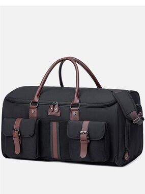 Men's Black Duffel Bag with Brown Accents - Travel Weekender